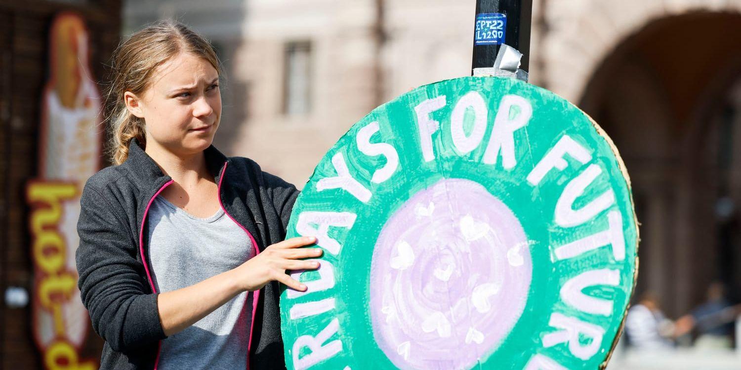 Greta Thunberg i samband med en klimatstrejk på Mynttorget i Stockholm arrangerad av nätverket Fridays for future i september.