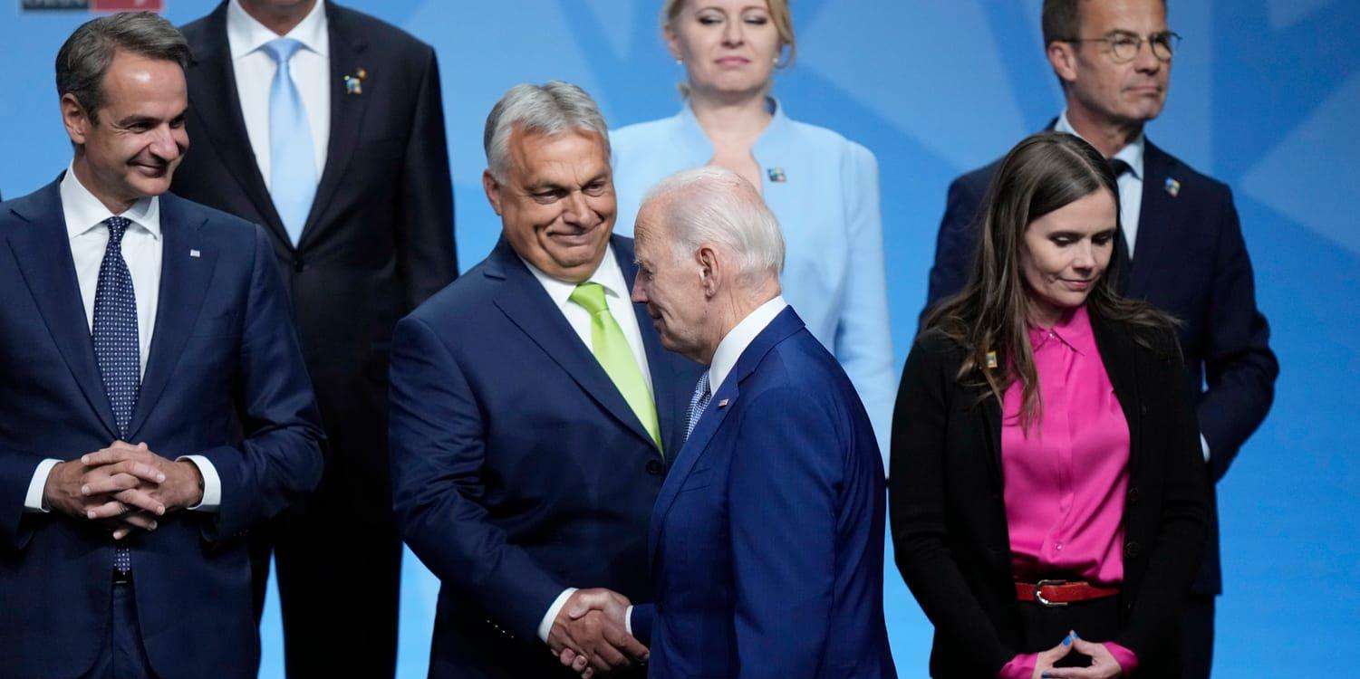 Triangeldrama. Ungerns Viktor Orban hälsar på USA:s president Joe Biden vid Natos toppmöte i somras. Sveriges statsminister Ulf Kristersson låtsas inte titta på.