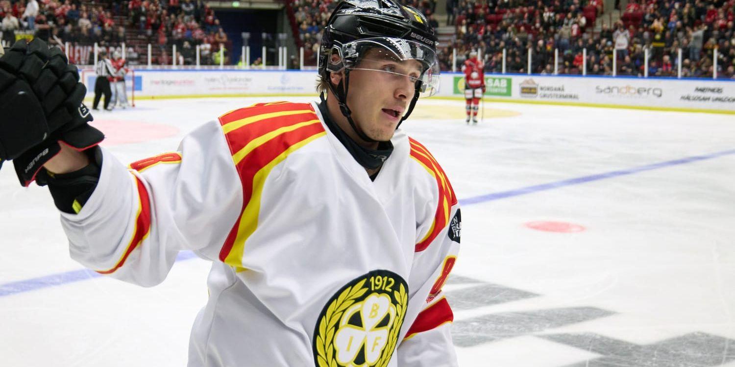 Brynäs Dmytro Timashov jublar. Arkivbild.